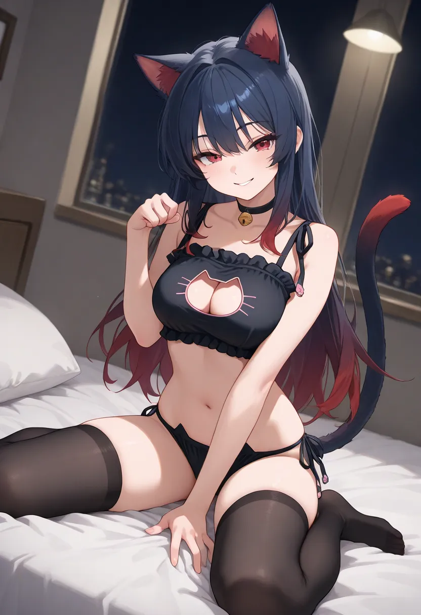 1girl, adult, cat ears, cat tail, dark blue hair, gradient hair, red hair, long hair, red eyes, seductive smile, slender, medium breasts, black cat underwear, cat cutout, cat ear underwear, cat ear black stockings, sitting, wariza, on bed, paw pose, darl l...