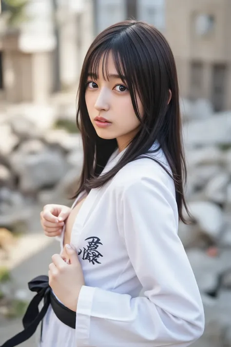 A girl in a karate suit is standing in ruins,  I'm wearing a white karate suit and a black belt, ((Untie the obi to show my bare chest ,big breasts)), Rub your hand through a gap in your karate uniform,  looking at the camera and smiling shyly .  (( Empty ...