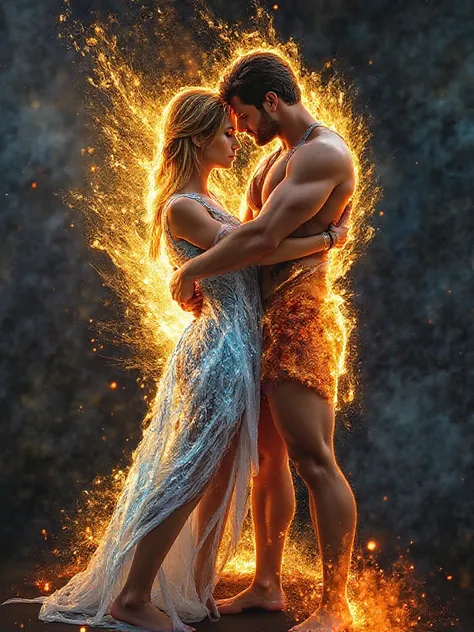 A stunning digital masterpiece painting depicting a passionate embrace between a man, physically perfect body, muscular body frame,(full body shot)engulfed in fiery orange and red fire and a woman in a fiery white and blue ice, physically perfect body, mus...