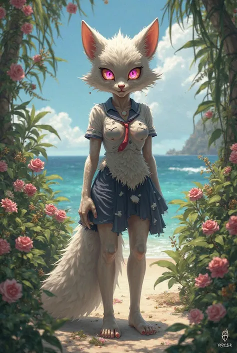 slutty girl with white fur with pink, amber eyes,  thin, Big breasts, heart-shaped butt, attack on the beach, garden wearing a school uniform, happy, Mangle fnaf 