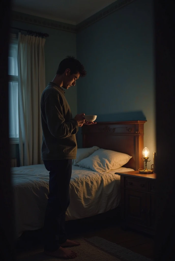 Scene of the young man standing in the corner of the room at night, holding a bowl of milk. His parents are peacefully asleep in their bed, unaware. The room is dimly lit by a small oil lamp.high power realistic 