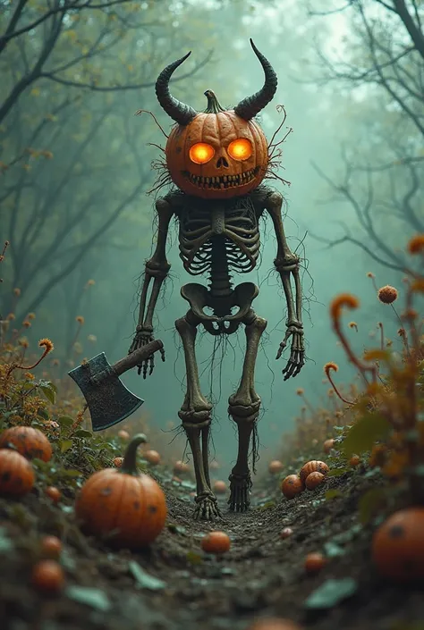 A human skeleton is walking in a field full of giant larvae and bacteria, suddenly begins to transform into a mutant pumpkin with horns. Then a zombie lumberjack arrives and cuts it in half with an axe covered in cobwebs. And everything turns dark and gloo...