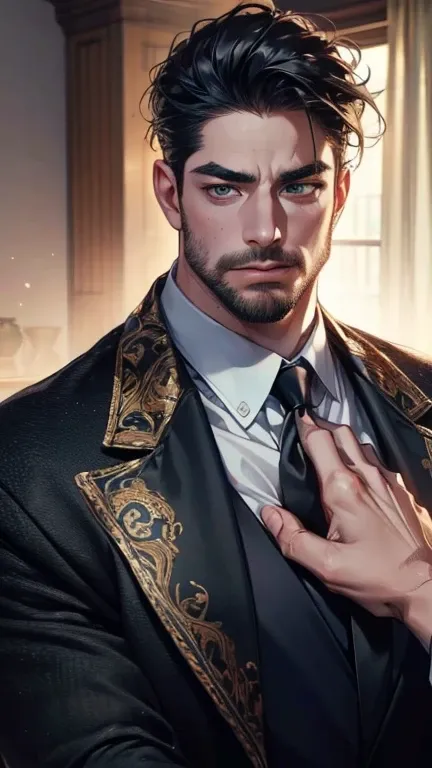 (    best quality,4K,8k,      highres,    masterpiece :1.2),    ultra-detailed    ,(Realistic,photoRealistic,photo-Realistic:1.37),36-year-old man,3 day beard,Beautiful anime,Portraits,strong,masculine,       with black hair  ,sharp jaw,           mesmeriz...