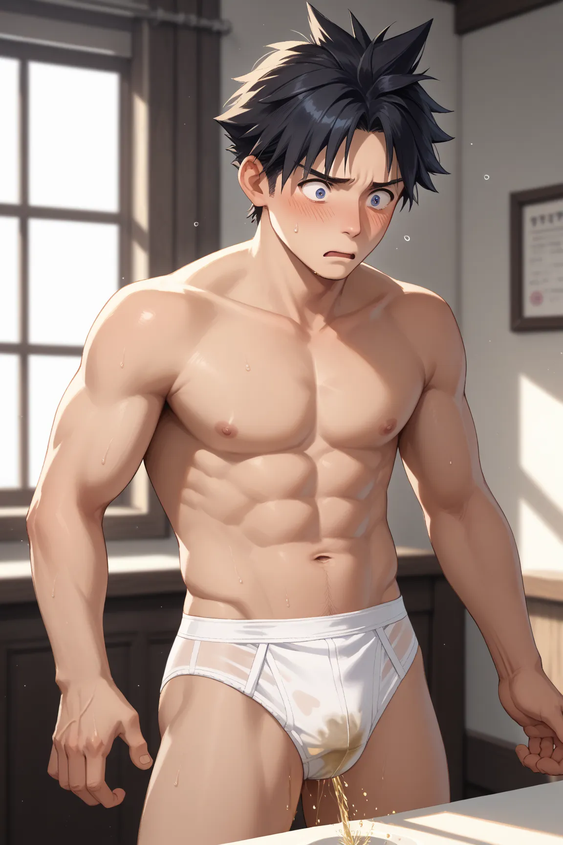 Solo, High Resolution, Masterpiece, shocked, embarrassed, Morning class room, 20 years old, young adult slender and mascular man in his white briefs. Black hair, Classic briefs.fly front Tighty whities, front open tighty whities, Six pack muscle, he is pan...