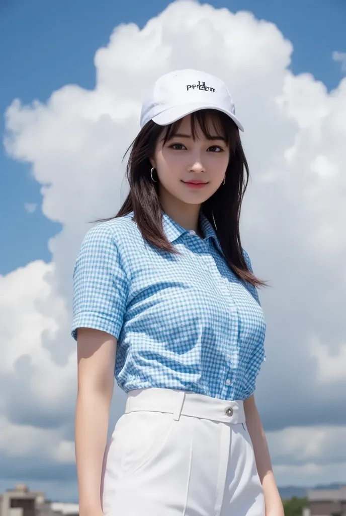 Jang Gyuri, A full-body shot one woman, dynamic angle, golf course, blue and white delicate check golf t-shirts , white golf mini skirts, light tracing, getting white sun visor, in the foreground, (floating hair:1.1), hot sun, white cap, professional model...