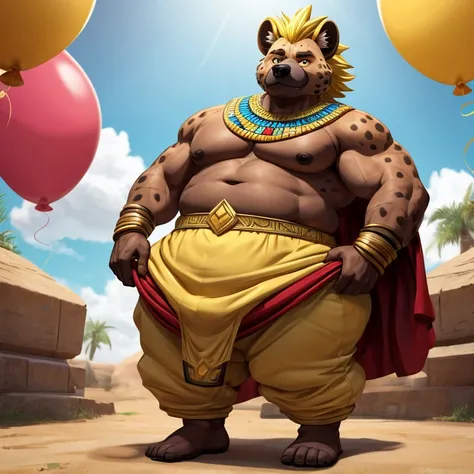 Hyena man with short yellow hair, (Hyena head with a male body ), He's fat   , shirtless,  Pharaoh dress with tight pants with a comically massive and gigantic butt that is round, gordo, and juicy    .  It is as if his buttocks are inflated like two balloo...