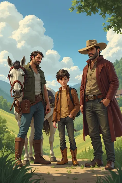 A very young man meets two men and the horse in the back 