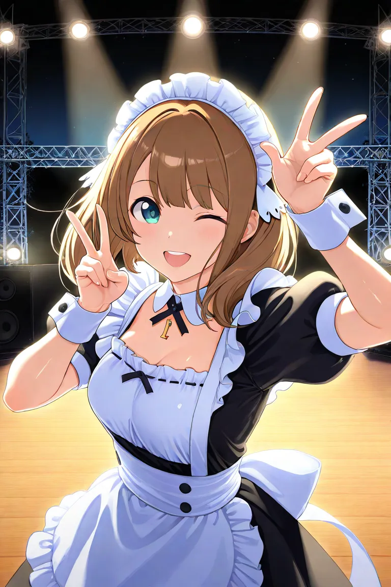 detailed background, shiny skin, posing, rating safe,
mizusaki, 
maid outfit, 
stage, night, stage light, 
one eye closed, v, w, peace,