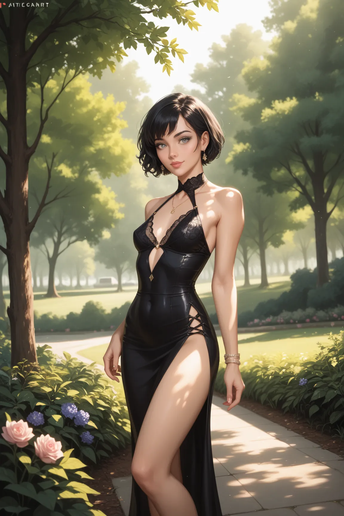 skinny Girl ,  Black hair ,  short hair,  grey eyes,  small breasts ,  wide hips, short black dress, in park