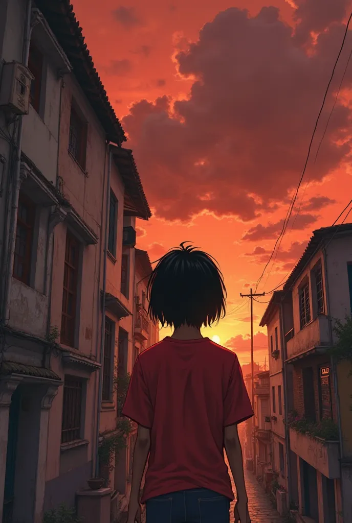 Anime  androgynous Brazilian boy with brown skin 🟤 brunette, short straight black hair with bangs , Art of brown eyes with a passion fruit, Red shirt on a stairwell favela Brazil , vintage climate melancholy red sky with dark clouds from the 90s in an empt...