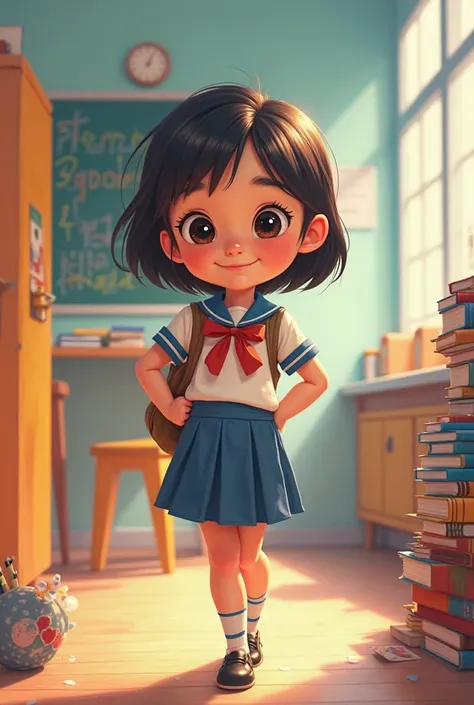 Pixar cover of a girl in school uniform short black hair 

