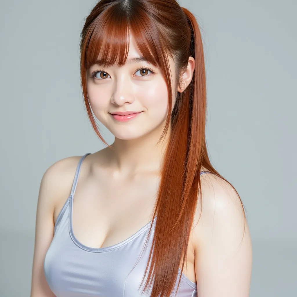 Silky smooth hair、Three hair colors: white blond hair, black hair, and red hair、Flush the bangs、 hairstyle is straight、Long hair up to chest、ponytail、and her whole body is in the picture、Southeast Asia