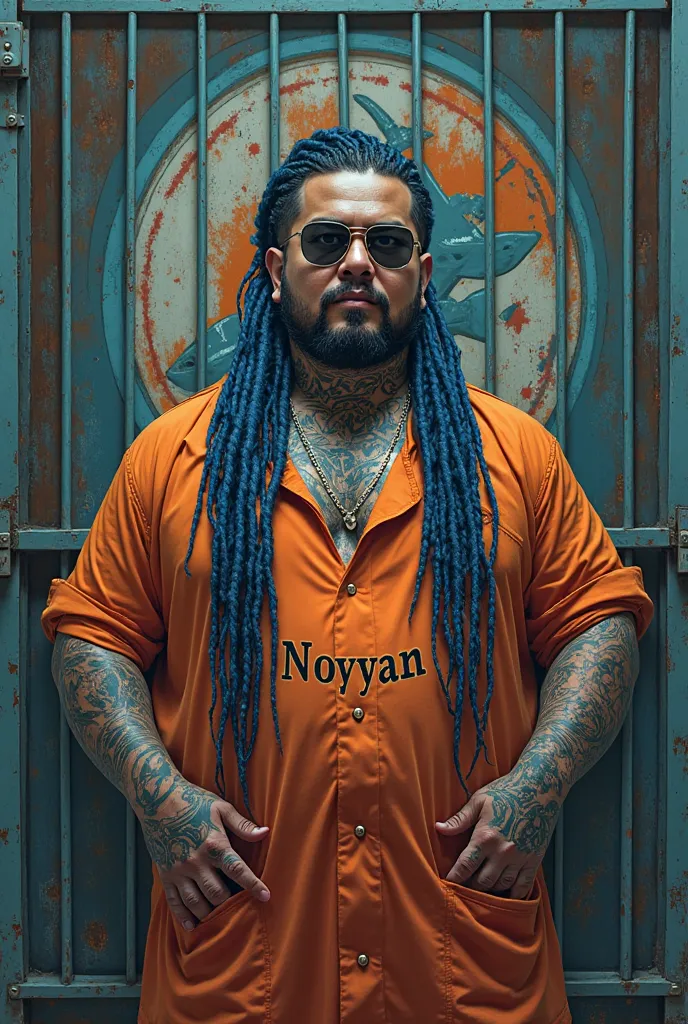 Handsome Chinese fat guy with long hair blue colour and cornrow style.he wearing sun glasses and have a lot of tattoo.he is wearing prisoner coverall and have name noyyan.he stand at front of gate.have shark paint in background logo.