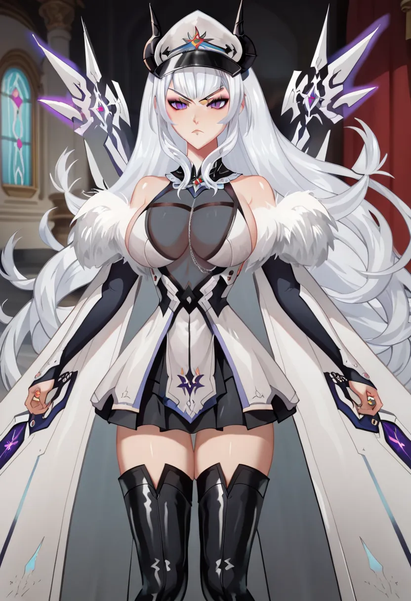 1 girl, solo, UHD, masterpiece, accurate, anatomically correct, textured skin, super detail, high details, 1080P, 16k, battle pose, battle posture, (serious face), AnastasiaWhiteVTPXL, purple eyes, slit pupils, white hair, long hair, bangs, black horns, wh...