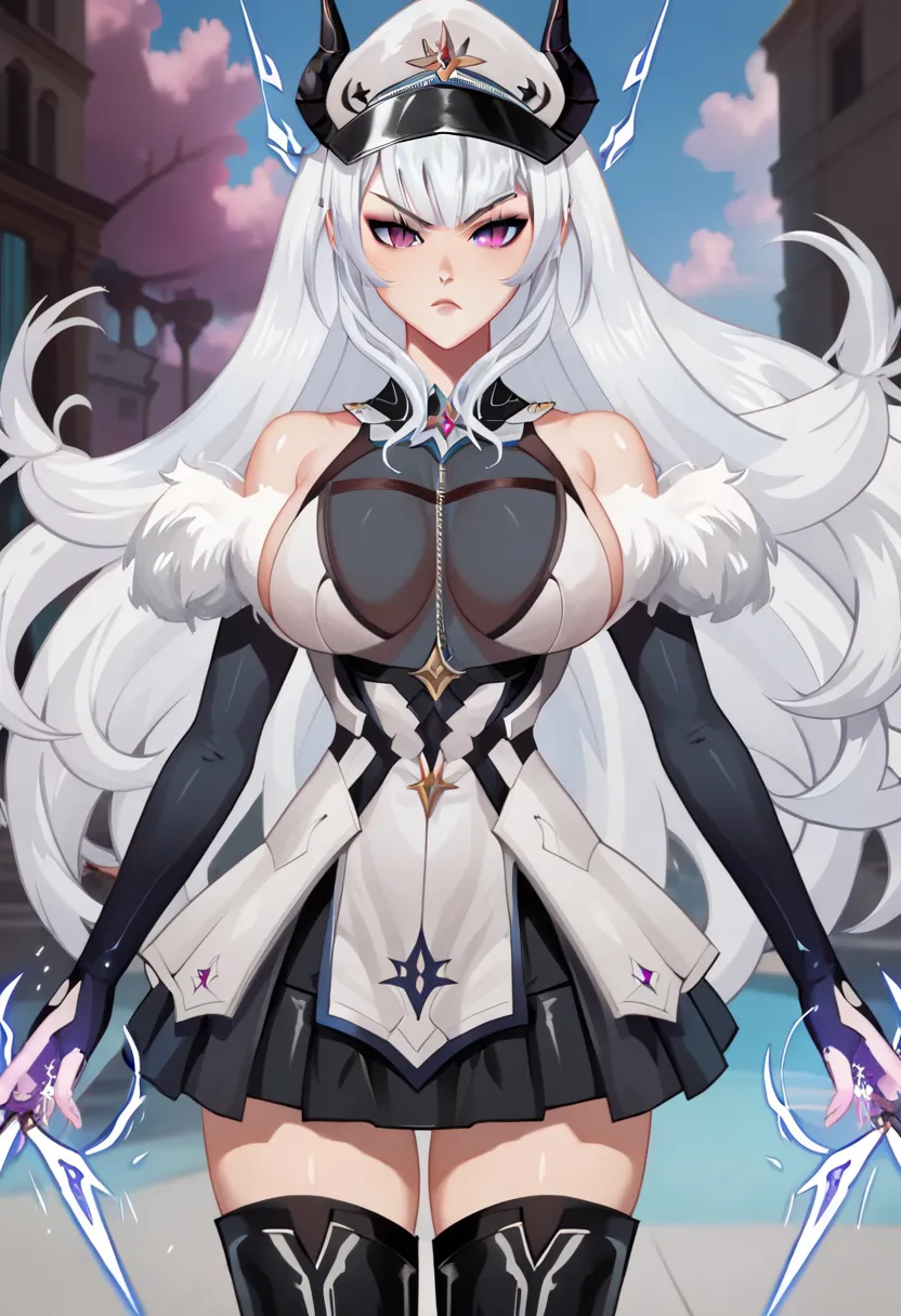 1 girl, solo, UHD, masterpiece, accurate, anatomically correct, textured skin, super detail, high details, 1080P, 16k, battle pose, battle posture, (serious face), AnastasiaWhiteVTPXL, purple eyes, slit pupils, white hair, long hair, bangs, black horns, wh...