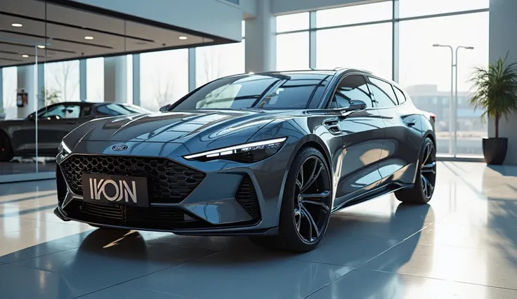 A captivating and futuristic image of the 2025 Ford Ikon taking center stage in a luxurious bright showroom. The car's vibrant deep gray metallic paint highlights its sleek and aerodynamic design, with bold accents showcasing the cutting-edge innovation an...