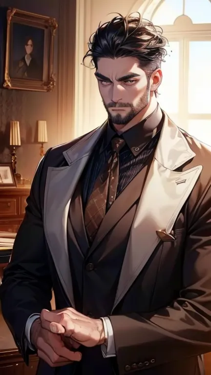 (    best quality,4K,8k,      highres,    masterpiece :1.2),    ultra-detailed    ,(Realistic,photoRealistic,photo-Realistic:1.37),36-year-old man,3 day beard,Beautiful anime,Portraits,strong,masculine,       with black hair  ,sharp jaw,           mesmeriz...