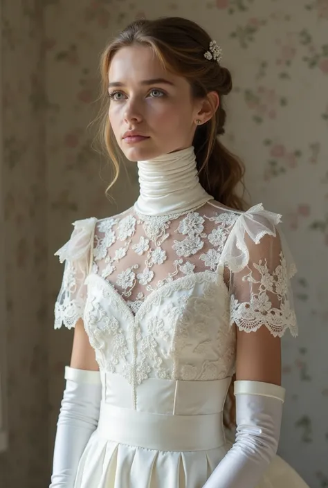 Beautiful girl with an extremely long neck. She wears a wedding dress ,  completely white, with a tight high collar, corrugated , that wraps around and covers her entire long neck. The fabric of the dress is made of delicate lace and satin, with short slee...