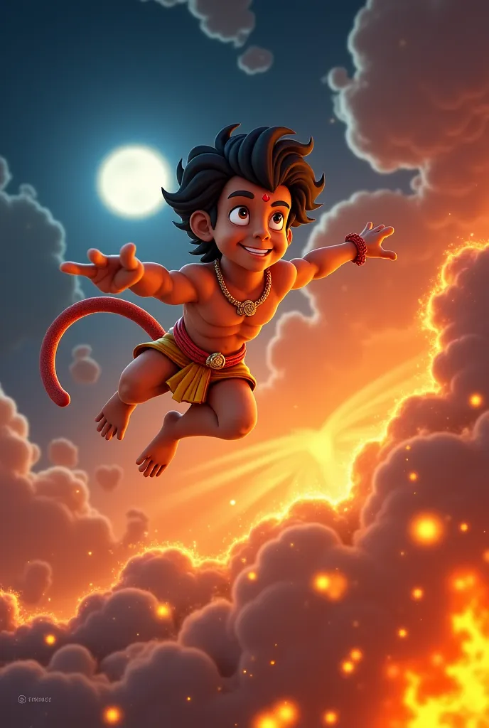 In Cinematic 3D cartoon style "Hanuman, the mighty monkey god, soaring across the vast ocean toward the golden city of Lanka under a moonlit sky. Upon reaching Lanka, he stealthily navigates through the grand palace and lush Ashok Vatika, where he finds Si...