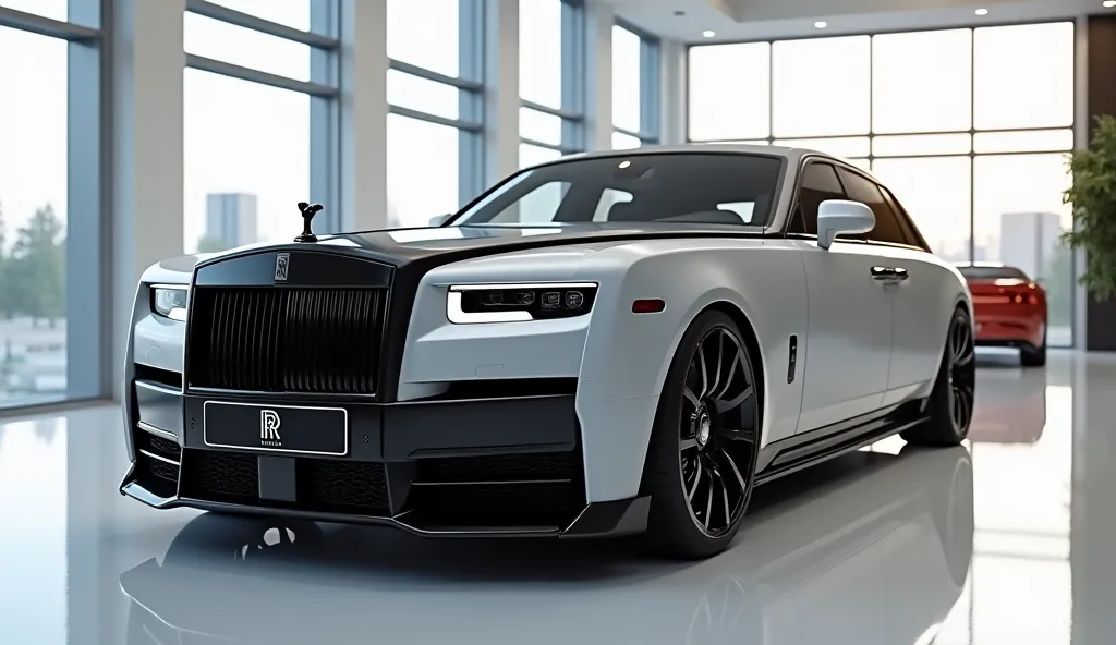 create an ultra-detailed 3D render of a modern, close-up Straight front side view of modern 2025  Rolls -Royce phantom  With a bold design. The car should feature a "Gleamy glossy painted  Silver" color with a prominent '.     Rolls -Royce  logo on its pro...