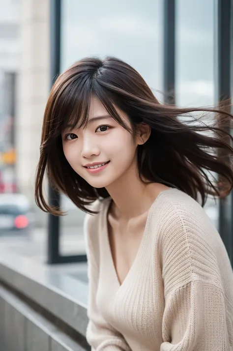 mirrorless camera,ultra-realistic,key lighting,A Japanese woman who's about 18 years old ,She is smiling beautifully and tilt the head.Her hair is blowing in the wind.She wears Chiffon knit