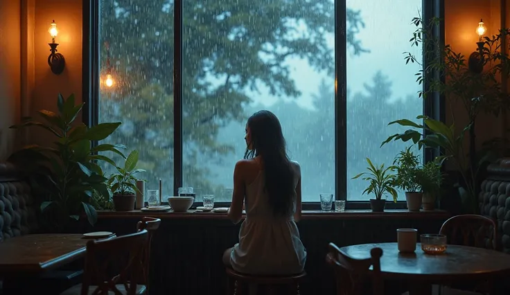 It's raining outside, it's windy, and it's like a 35m live-action camera with a woman sitting in a cafe. Overall, the background is also similar