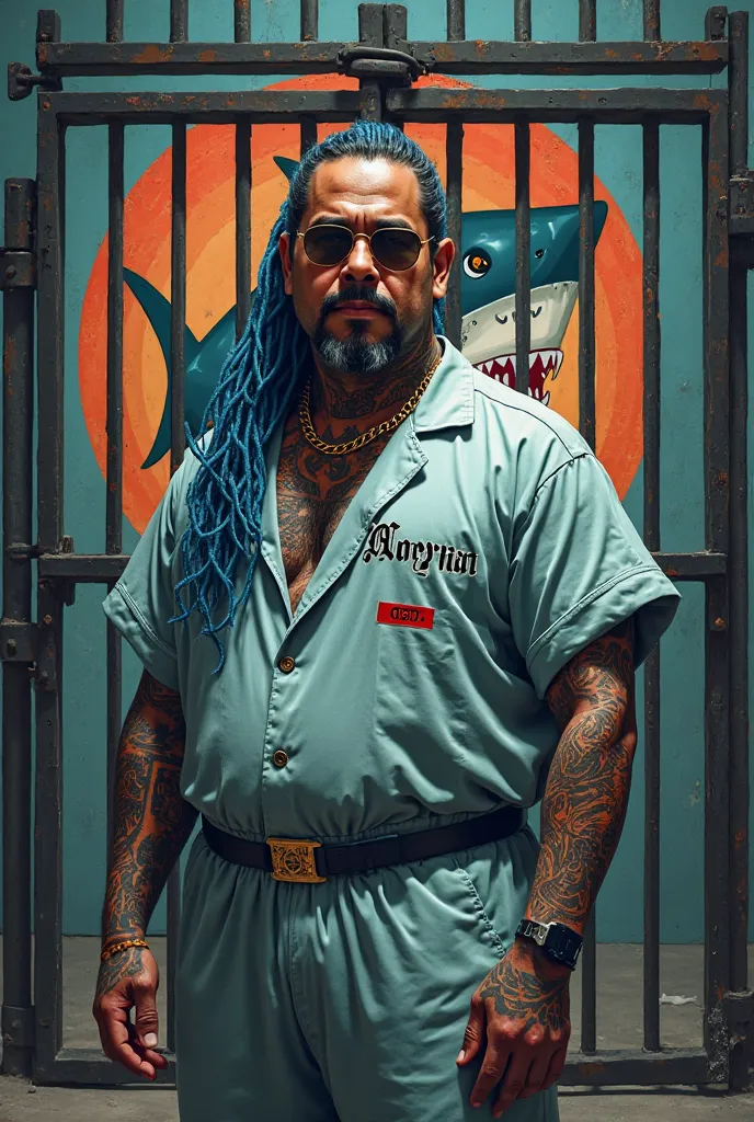 Handsome Chinese fat guy with long hair blue colour and cornrow style.he wearing sun glasses and have a lot of tattoo.he is wearing prisoner coverall and have name noyyan.he stand at front of gate.have shark paint in background logo.