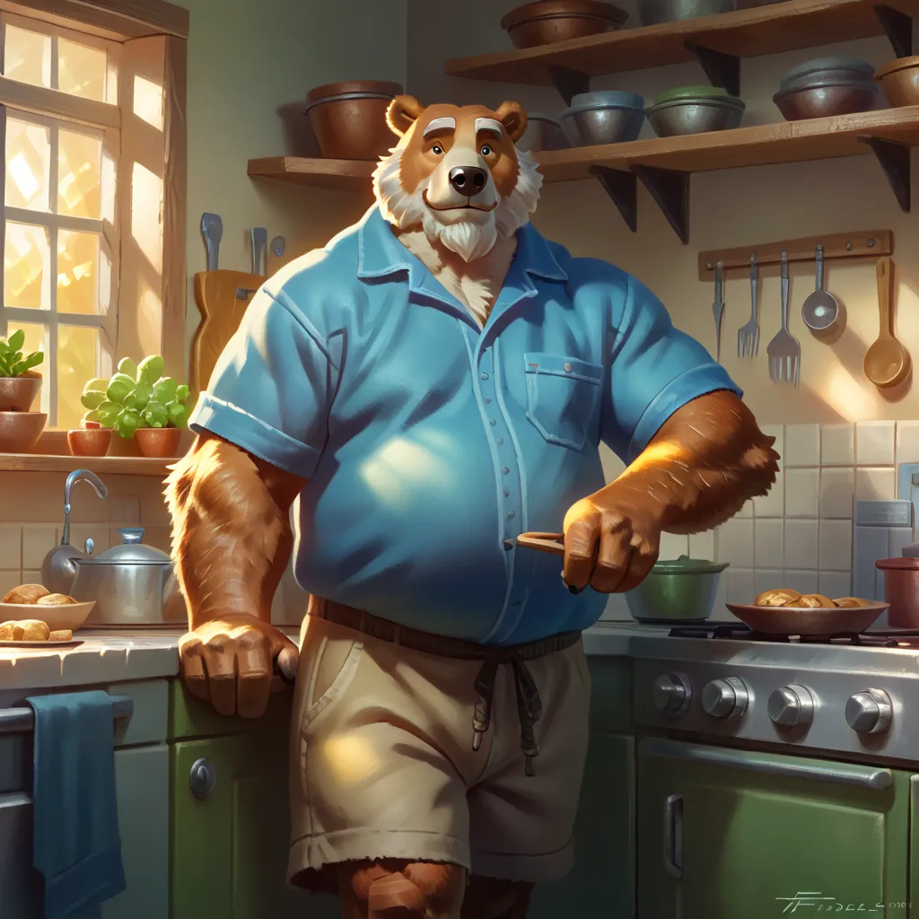 (by Taran Fiddler), (by Anhes), (by bontiage), bear, semi-feral, male, old, mature, chubby, fat, big butt, thick thighs, wide hips, khaki shorts, blue shirt, mustache, bushy eyebrows, facial hair, bear tail, cozy kitchen, warm sunlight, sweet smile, lookin...