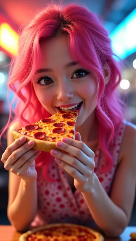 Asian woman eating pizza, she has pink hair