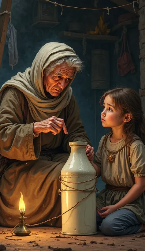 An old woman in plain clothes sat near a milk jug, talking to her daughter. His face was a little hard, showing his intention to mix the milk with water. Her hand pointed at the bucket, while the young girl looked doubtful and worried. The lighting comes f...