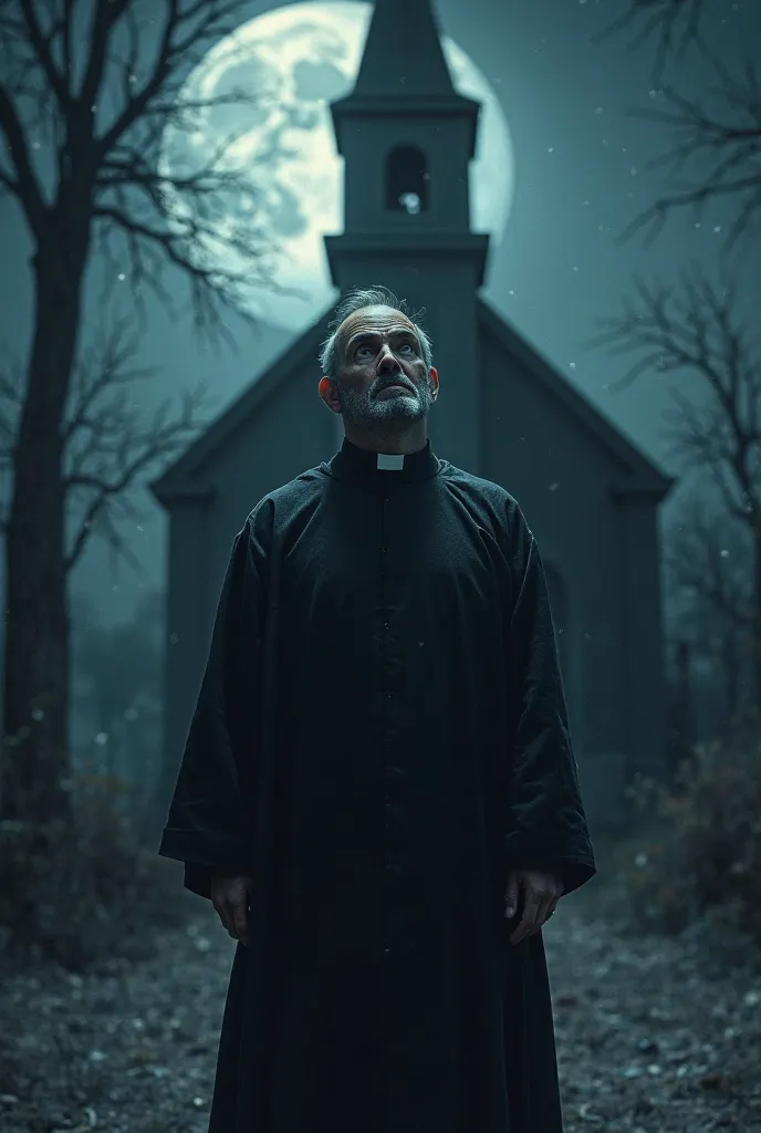 The priest looks scared outside the church ( It's nighttime and there's a full moon )