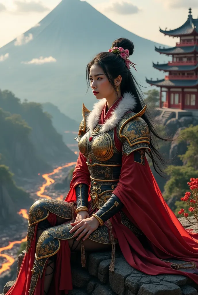 Close up,front view of the black mythical film character Wukong, a beautiful young woman and knight,ideal perpect body, ideal big breast, long elegant black hair bun, with beautiful flower decoration, wearing sexy and elegant slim fit colossal and epic Chi...