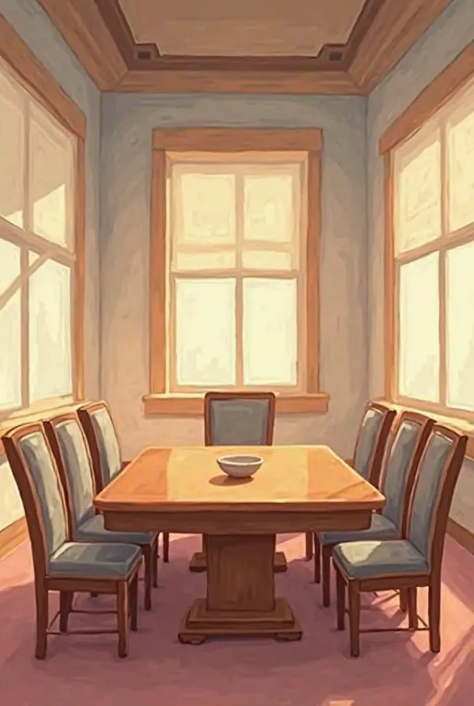 If it's a reception room with a 2D cartoon table and an empty desk and only a small empty bowl on it, I emphasize it's 2D. It's a cartoonish, two-point portrait, a two-point, a dining table with seven columns arranged on it. 