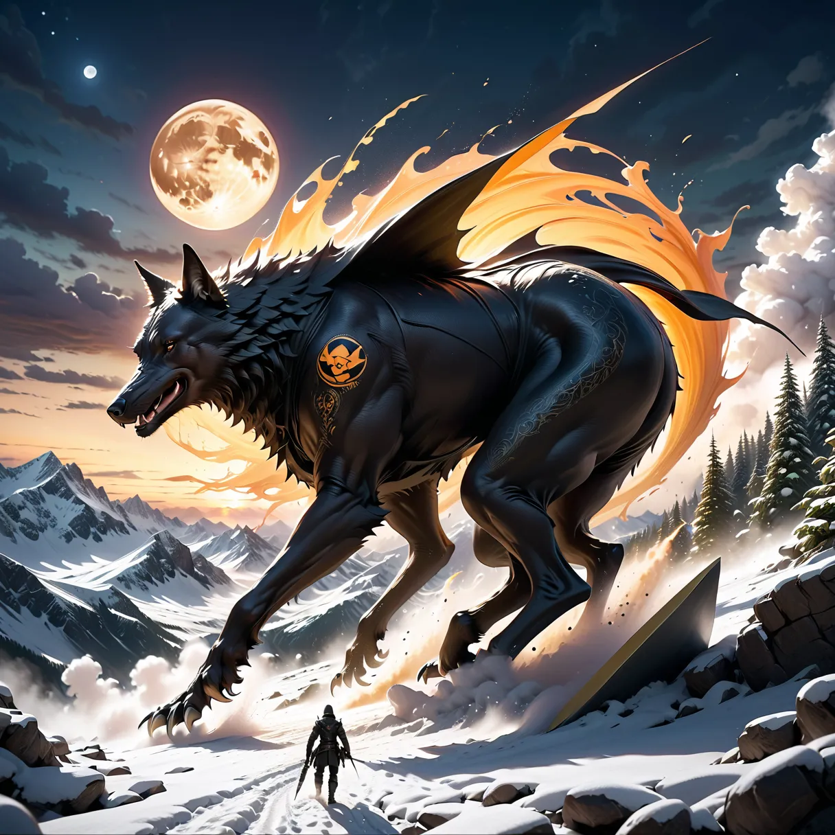 Dark fantasy nature illustration, Grey wolf and landscape with awe and grandeur, Black and orange glow paint surround, Stingray flying team sticker,- Design inspired by fantasy formulas, Amazingly large body, All the delicate and small details, Snowflake e...