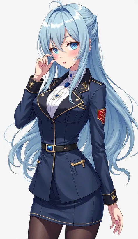 A young woman with a slim and feminine build, with an elegant but welcoming presence. Her long light blue hair falls loose in soft waves, highlighting her bright blue eyes full of energy and cunning. A thin scar adorns her right cheek, a reminder of past e...