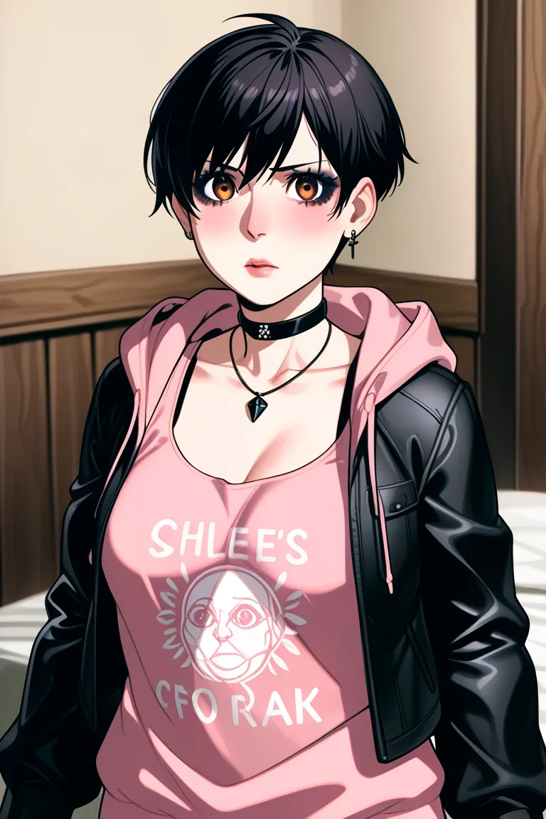 black spike choker necklace､  ear piercing、black jacket over pink hoodie、 rolled up white tank top ､ black eyeshadow､ black eyeliner ､She is a pixie cut sexual woman with dark hair、dark orange eyes､with semen hanging､ bukkake､彼女は複数のテラフォーマーの cockroach人間とセック...