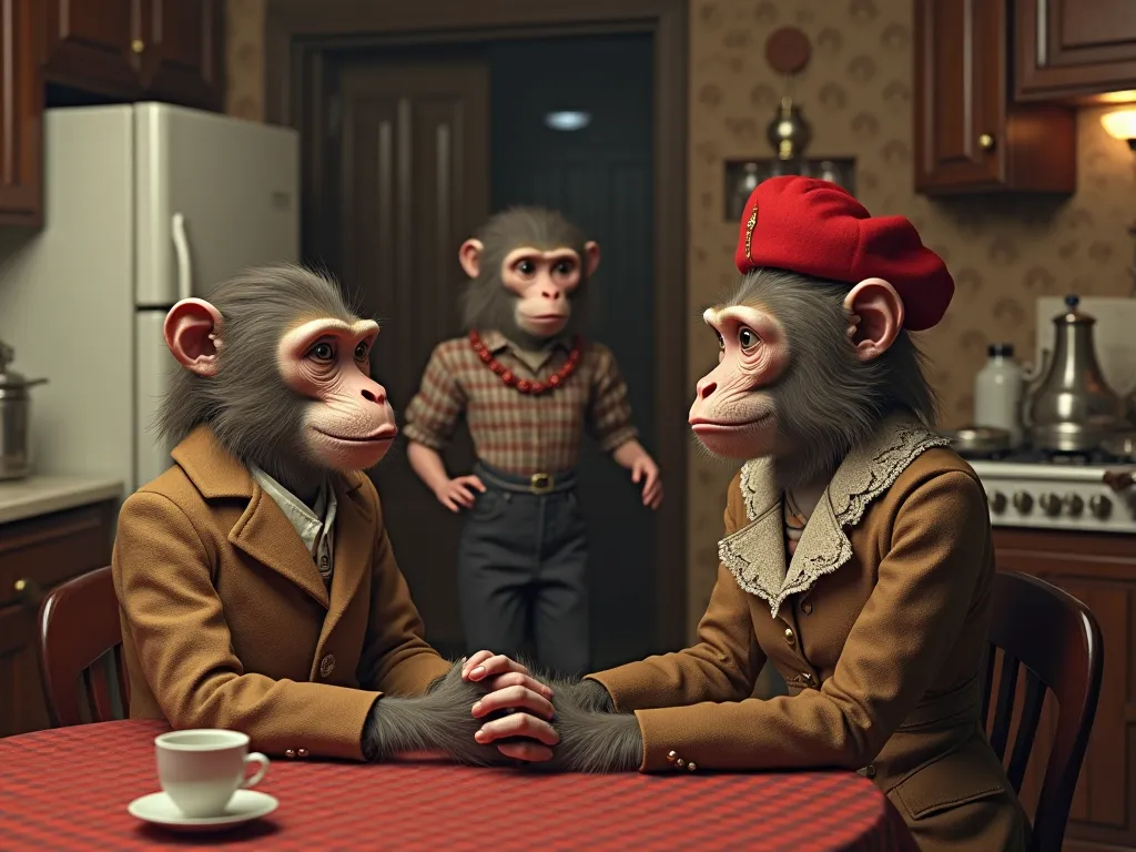 "Hyperrealistic Soviet scene of the 1970s, but instead of humans, there are anthropomorphic monkeys with detailed hair, with facial expressions and clothes. In the center of the frame is a monkey,  resembling a woman , sitting at a table in an elegant vint...