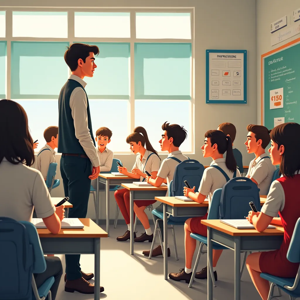 Replicate the image but with the teacher with the buts in front and students standing ignoring him talking to their classmates