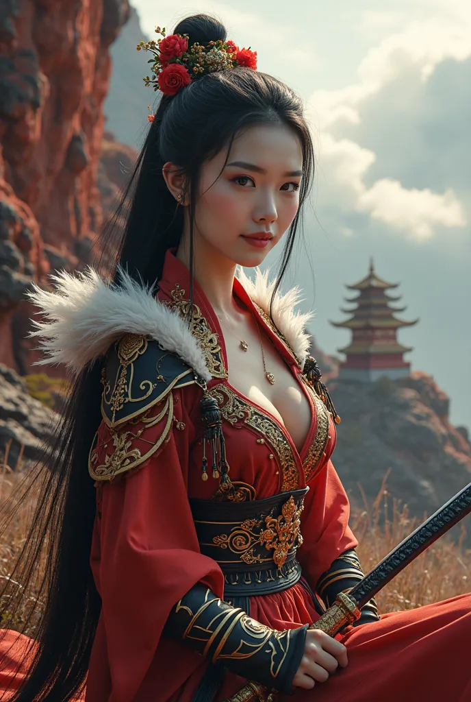 Close up,front view of the black mythical film character Wukong, a beautiful young woman and knight,ideal perpect body, ideal big breast, long elegant black hair bun, with beautiful flower decoration, wearing sexy and elegant slim fit colossal and epic Chi...