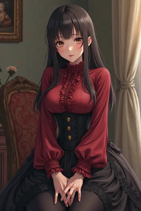 Generates an image of an anime manga style girl with medium breasts, thin waist and medium thighs. She is squatting on a chair, with the knees folded close to her chest and hands resting on her knees and wearing a deep red blouse with details with ruffles ...