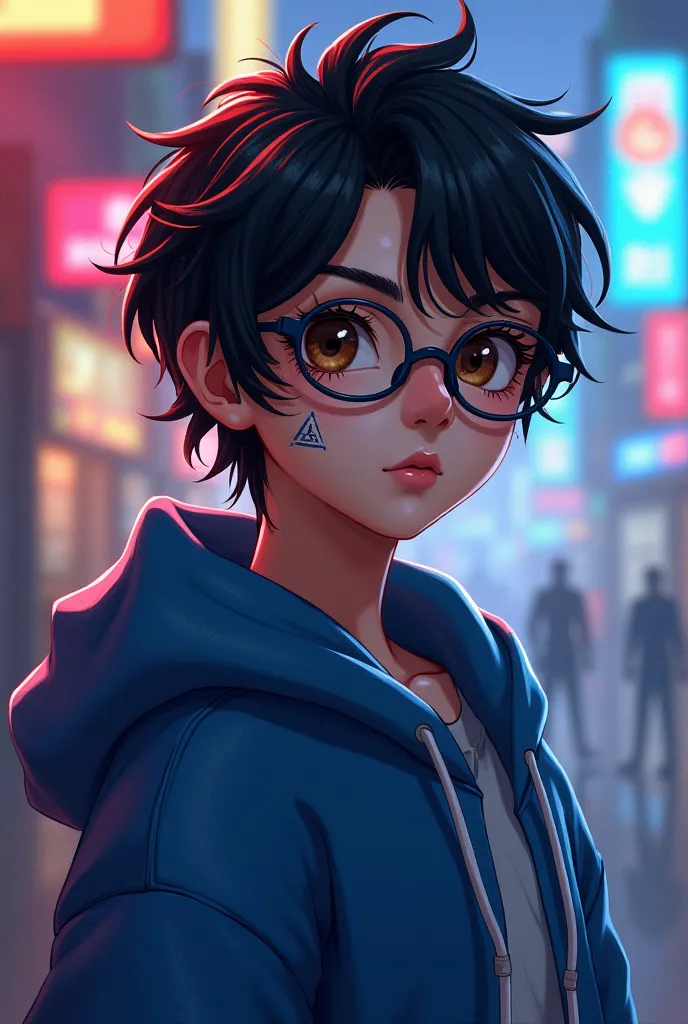  medium muscular body ,  wavy black hair, rectangular eyeglasses , blue hoodie with gray hoodie,  light brown eyes, sign on the cheek , game background