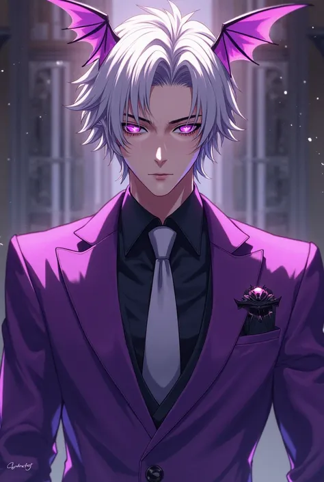 Sexy male character anime version, with purple suit , white hair, with purple lenses on their heads, And small purple bat wings