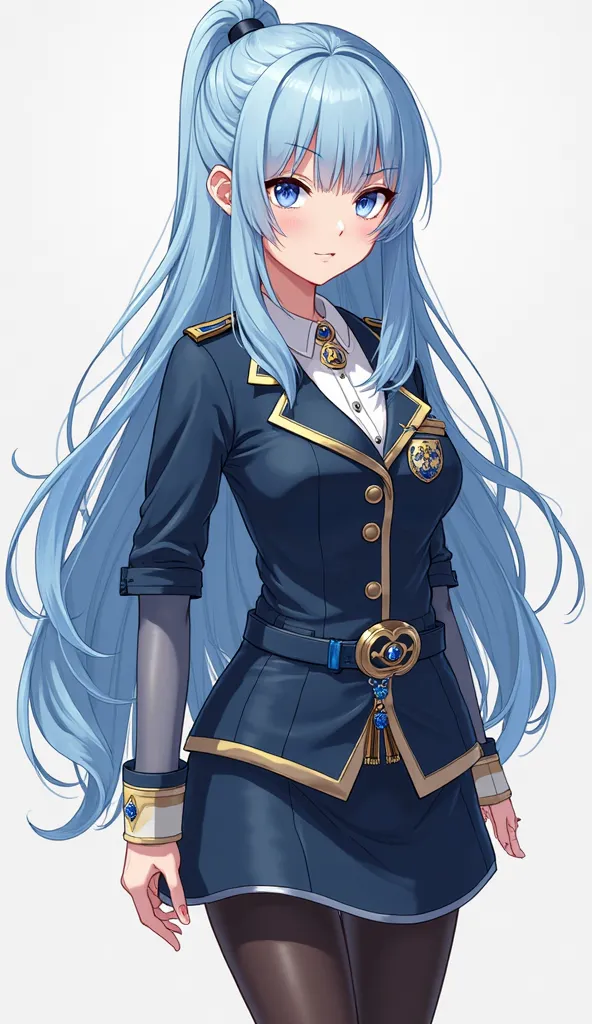 A young woman with a slim and feminine build, with an elegant but welcoming presence. Her long light blue hair falls loose in soft waves, highlighting her bright blue eyes full of energy and cunning. A thin scar adorns her right cheek, a reminder of past e...