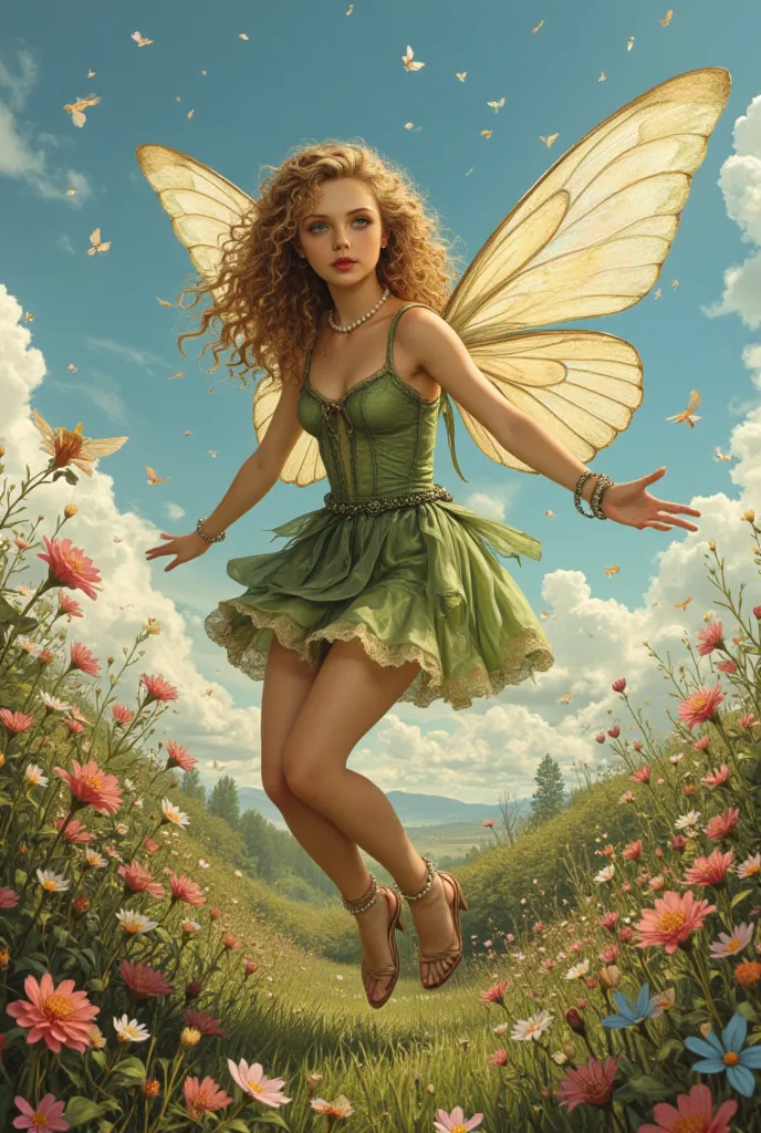 (highly detailed, realistic photo, realistic skin texture), 8K, the fairy flies over the flowers and flaps her wings, She's flying over a field of flowers