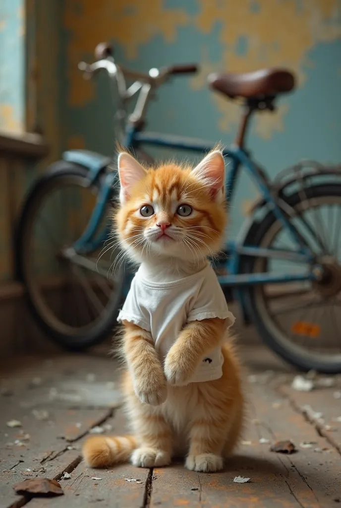 "A small, fluffy orange kitten wearing a torn white t-shirt is standing in an old, abandoned room with peeling wallpaper and a dusty wooden floor. The kitten looks sad and is ##rubbing its eyes crying open the moth show with tears also## . Behind the kitte...