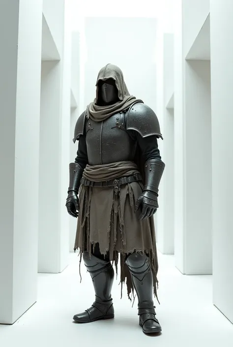 A shabby figure wearing plate armor, a robe, and a helmet covering his face in a cubic white room.