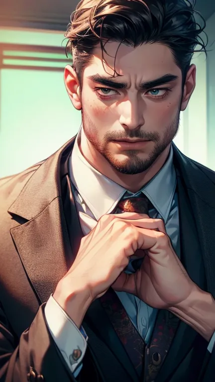 (    best quality,4K,8k,       highres,    masterpiece :1.2),    ultra-detailed    ,(Realistic,photoRealistic,photo-Realistic:1.37),36-year-old man,3 day beard,Beautiful anime,Portraits,strong,masculine,        with black hair  ,sharp jaw,             mesm...