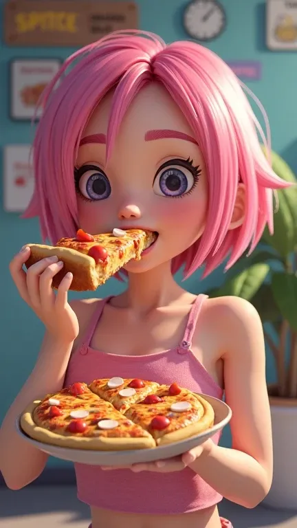 Asian woman eating pizza, she has pink bob hair, she wearing crop top 