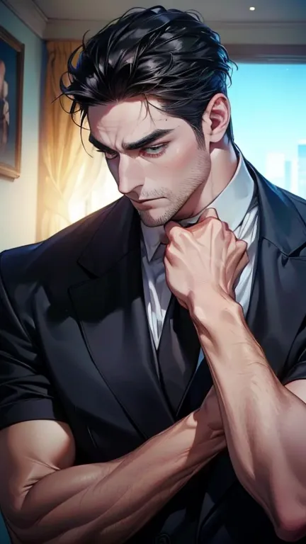 (    best quality,4K,8k,       highres,    masterpiece :1.2),    ultra-detailed    ,(Realistic,photoRealistic,photo-Realistic:1.37),36-year-old man,3 day beard,Beautiful anime,Portraits,strong,masculine,        with black hair  ,sharp jaw,             mesm...