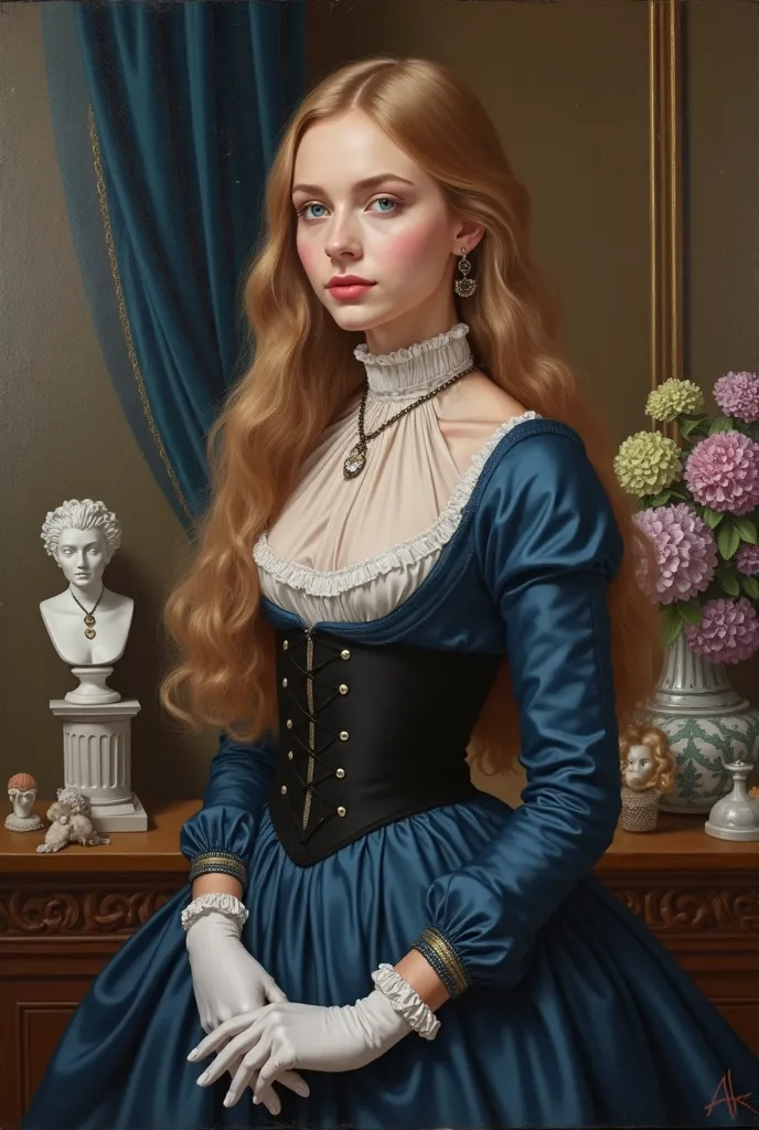 Oil portrait (painting on canvas), realistic image quality, photography, Realistic Illustration.  Aesthetic image .  detailed image. Aristocratic environment,  high standard .  Diagonal view ,  Diagonal focus . pose/ Imperious posture ,  dominant. pose med...